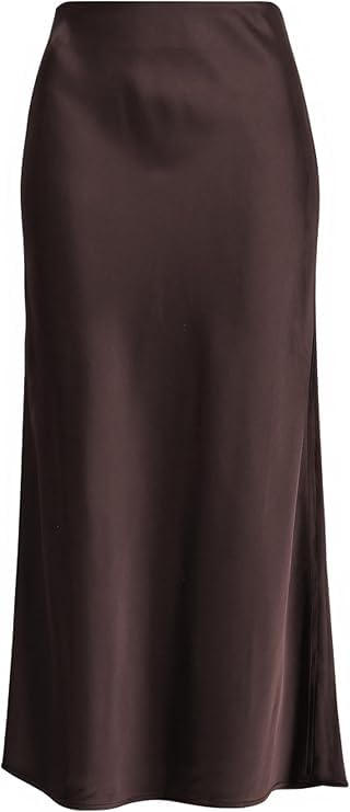 Women's Solid Satin High Waist Midi Long Skirt Hidden Elastic Waistband Office Skirt - Made in USA (Medium,Darkbrown)