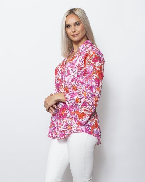 SNO SKINS Spring/Summer Collection Designer Print Crinkle Sweetheart Top with Stand Collar (Pink Passion)