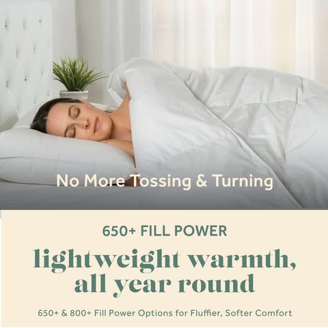 ComfyDown Goose Down White Comforter - Made in USA - 100% Egyptian Cotton 400 Thread Count Cover, 650+ Fill Power, Light Weight, All Season Washable Duvet Insert with Corner tabs
