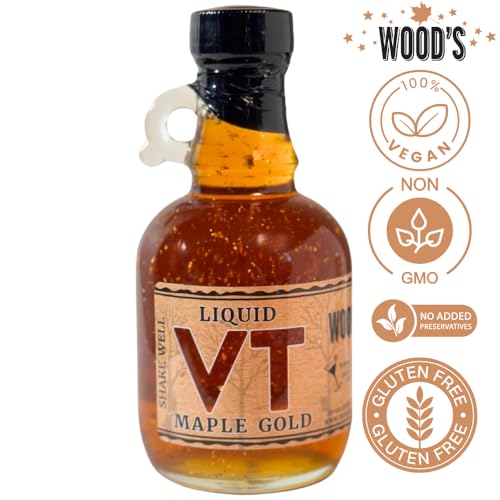 Wood’s Liquid Maple Gold – Vermont Maple Syrup with Real 24K Gold Flakes – Vegan, Plant-Based Sweetener – Small Batch, Artisanal, Luxury Syrup for Gifting, Cocktails, and Gourmet Cuisine – 8.45 oz Glass Bottle