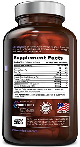 OmniBiotics Organic Evening Primrose Oil for Women – Clinical Strength 1500mg per Capsule, 10% GLA, Cold-Pressed, Non-GMO, Hormone Balance for Women – 120 Vegan Softgel Capsules
