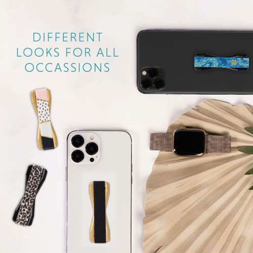 LOVEHANDLE Universal Phone Grip for Smartphones & Mini Tablets - Phone Holder for Hand - Wireless Charging Compatible - Made in The USA - Black Elastic Strap with Gold Base