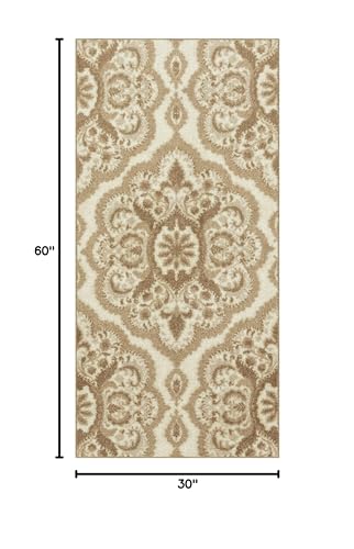 Maples Rugs Vivian Medallion Runner Rug - Made in USA - Washable, Non Slip, Indoor Carpet for Hallway, Kitchen, and Laundry Room, 2'6 x 5', Beige