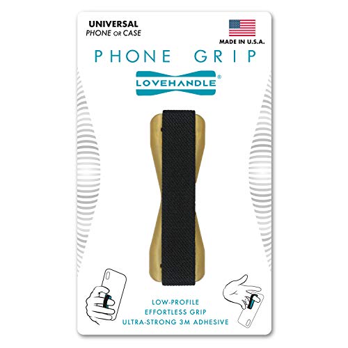 LOVEHANDLE Universal Phone Grip for Smartphones & Mini Tablets - Phone Holder for Hand - Wireless Charging Compatible - Made in The USA - Black Elastic Strap with Gold Base