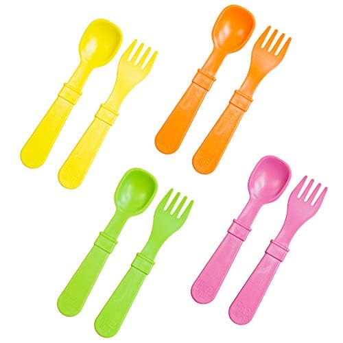 Re-Play Toddler Forks and Spoons Set - 4x4 Toddler Utensils Set - Dishwasher and Microwave Safe - Made in USA - Set of 8-5.8" x 1.2" x 0.2" - Citrus