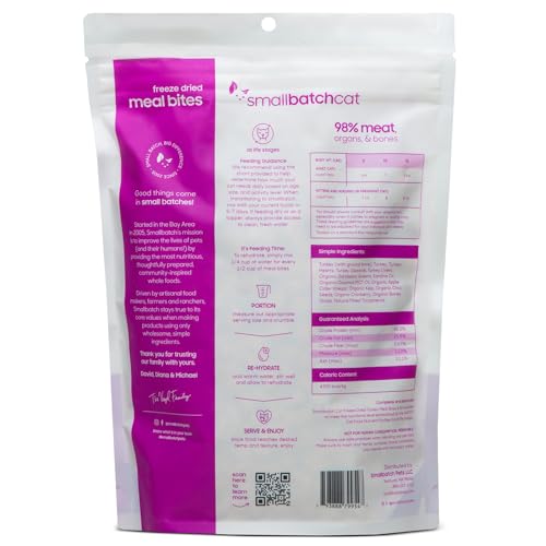 smallbatch Freeze-Dried Raw Cat Food, Shelf Stable Food Bites, Turkey Recipe, High Protein Meal or Topper for Cats, Humanely Raised Meat, Organic, Non-GMO Produce, Made in The USA, 10oz Bag