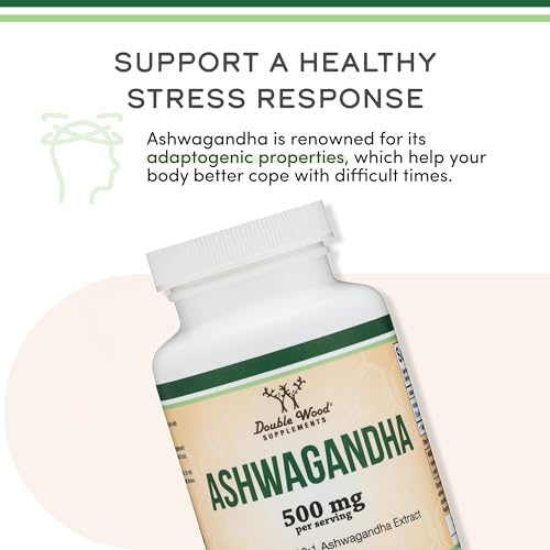Ashwagandha Capsules, 120 Count (500mg Extract 20:1 Potency) Adaptogen Stress Relief by Double Wood