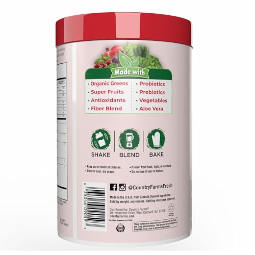 Country Farms Organic Super Greens Berry Flavor, 50 Organic Super Foods, Packed with Fiber, USDA Organic Drink Mix, Fruits, Vegetables, Mushrooms & Probiotics, Supports Energy, 5g Fiber