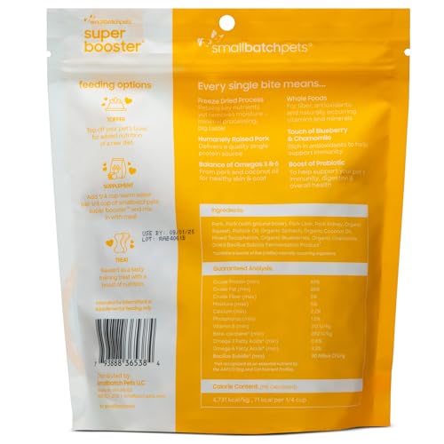 smallbatch Freeze Dried Dog Treats, Superfood Food Topper Pork Bites for Dogs & Cats, Probiotics, Organic Ingredients, High Protein, Grain Free Healthy Treat & Food Topper, Made in The USA, 7 oz Bag
