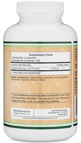 DWS Organic Moringa Capsules 1000mg - Pure Moringa Powder for Energy & Immune Support - Green Superfood Rich in Antioxidants, Essential Vitamins & Amino Acids - 105 Vegan Capsules