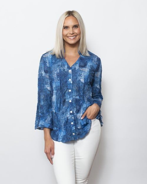 SNO SKINS Spring/Summer Collection Designer Print Crinkle Sweetheart Top with Stand Collar (Denim Love)