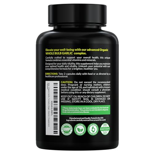 4-in-1 Garlic Supplement with Organic Whole Bulb Garlic, Black Turmeric, Ginger Extract & Vitamin C – Immune Support & Antioxidant Supplement – High Potency Vegan Formula – Made in USA – 90 Capsules