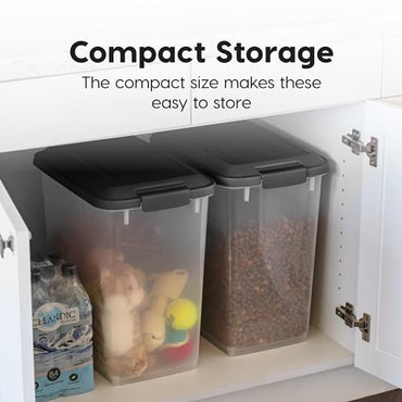 IRIS USA Dog Food Storage Container, 2 Pack, Up to 30 lbs Each, Airtight Seal for Freshness, Wheels for Rolling, Easy One Hand Opening, Made in USA, BPA Free, Clear/Black