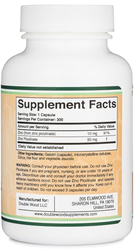 Zinc Picolinate 50mg, 300 Capsules (Immune Support) Non-GMO, Gluten Free (300 Day Supply) by Double Wood Supplements