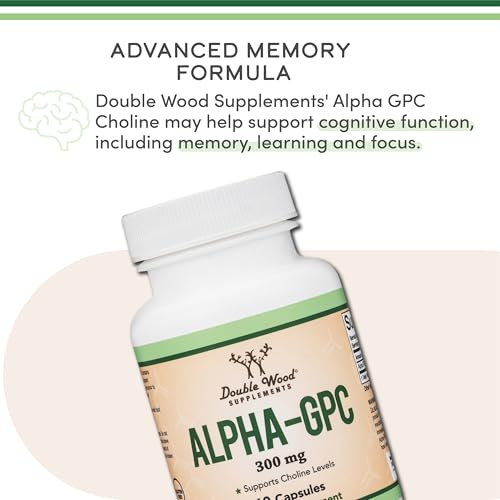 Alpha GPC Choline Capsules - 60 Count, 600mg Servings – Brain Support Aid that Supports Focus, Memory, Motivation, and Energy - (Made in the USA) Brain Support Supplement by Double Wood Supplements