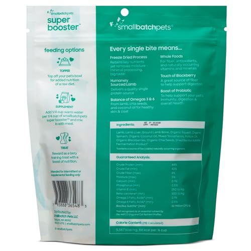 smallbatch Freeze Dried Dog Treats, Superfood Food Topper Lamb Bites for Dogs & Cats, Probiotics, Organic Ingredients, High Protein, Grain Free Healthy Treat or Food Topper, Made in The USA, 7 oz Bag