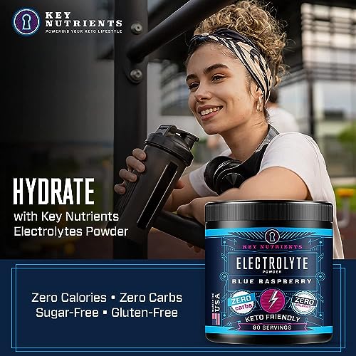 KEY NUTRIENTS Multivitamin Electrolytes Powder No Sugar - Sweet Blue Raspberry Electrolyte Powder - Endurance & Energy Supplement - Hydration Powder - No Calories - 90 Servings - Made in USA