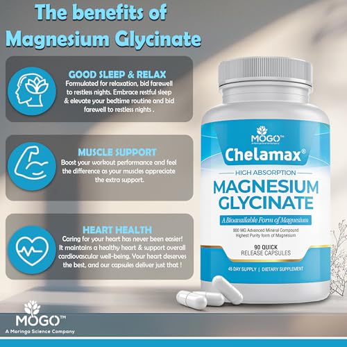 Chelamax Magnesium Glycinate.Dead Sea Sourced, 100% Chelated Magnesium for Sleep Support, Muscle Cramps, Bone Health. Made in USA, 3rd Party Tested,Heavy Metal Free,Glicinato de Magnesio Capsules.