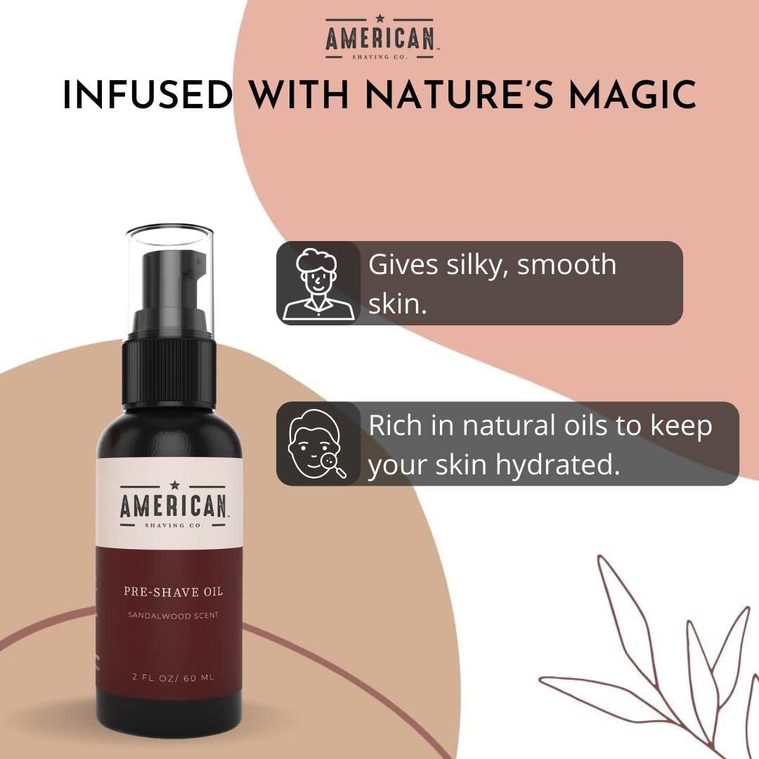 Pre-Shave Oil (Sandalwood Scent) for Effortless, Smooth & Irritation-free Shave, Natural Handcrafted Blend Argan & Jojoba Oil, Protects Razor Burn, Premium Pre-Shave Oil by American Shaving Co - 2 Oz