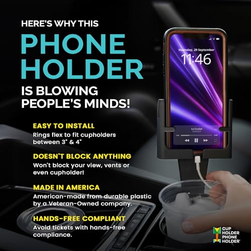 CUP HOLDER PHONE HOLDER Smartphone Mounts for Cars or Trucks Made in USA by Cell Phone Seat, Universal Fit Including iPhone, Samsung, Android Cellphones, Hands-Free Compliant Cradle
