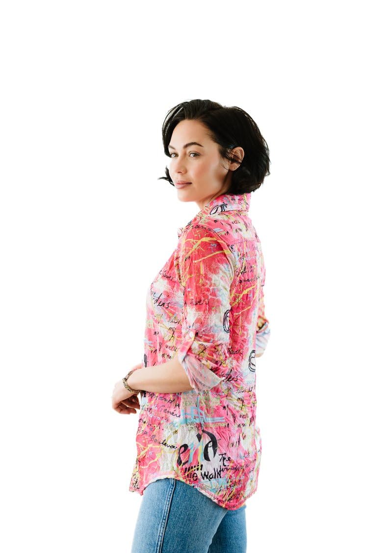 SNO SKINS Spring/Summer Collection Designer Print Crinkle Button-Down Shirt with Tab Sleeves (Graffiti)