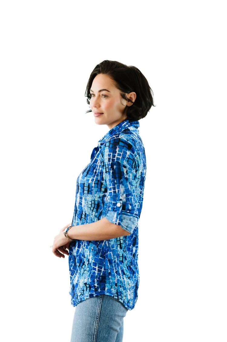 SNO SKINS Spring/Summer Collection Designer Print Crinkle Button-Down Shirt with Tab Sleeves (Wavy Tiles)