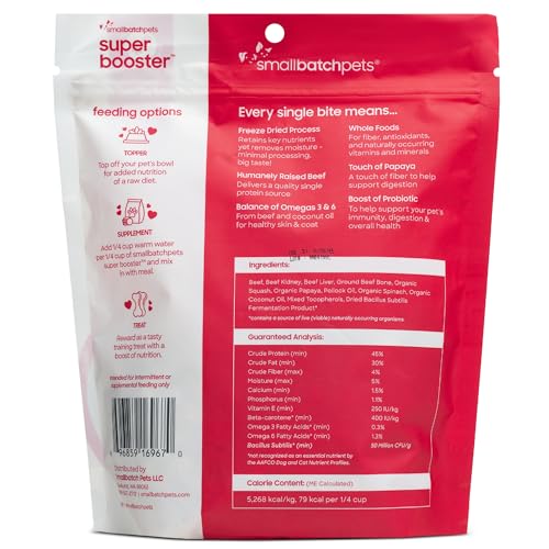 smallbatch Freeze Dried Dog Treats, Superfood Food Topper Beef Bites for Dogs & Cats, Probiotics, Organic Ingredients, High Protein, Grain Free Healthy Treat Food Topper, Made in The USA, 7 oz Bag