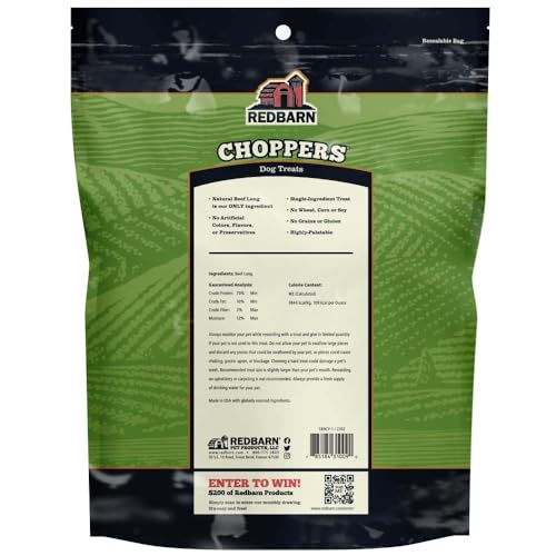 Redbarn Pet Products Natural Choppers Beef Lung Chew Treats for Dogs - Premium Made in USA Rawhide-Free Single Ingredient High Protein Low Fat