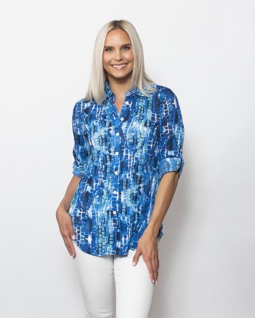 SNO SKINS Spring/Summer Collection Designer Print Crinkle Button-Down Shirt with Tab Sleeves (Wavy Tiles)