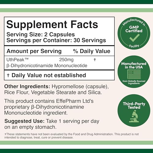 NMNH (NMN Supplement Alternative) (Dihydronicotinamide Mononucleotide) 250mg Per Serving, 60 Count (30 Servings) NAD Supplement to Boost NAD+ Levels As We Age (Non-GMO, Gluten Free) by Double Wood