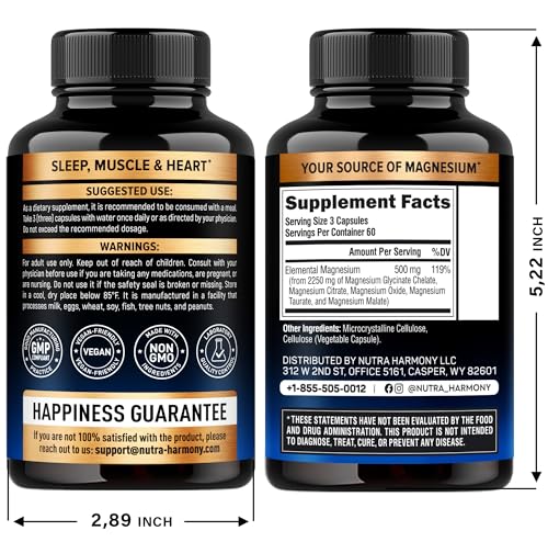 Magnesium Supplement - 5 in 1 Complex | Glycinate | Citrate | Malate | Taurate | Oxide - Made in USA - Stress, Muscle & Heart Support - Vegan, Natural, Non-GMO - 180 Capsules, 2 Month Supply