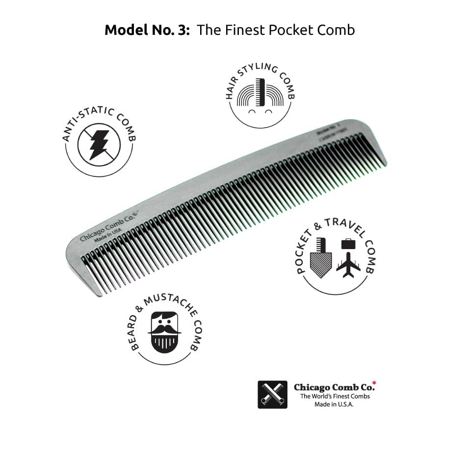 Chicago Comb Model 3 Carbon Fiber, Made in USA, Anti-static, 5.5 inches (14 cm) long, Fine-tooth, Pocket, Travel, EDC comb, Finer Hair and Beards