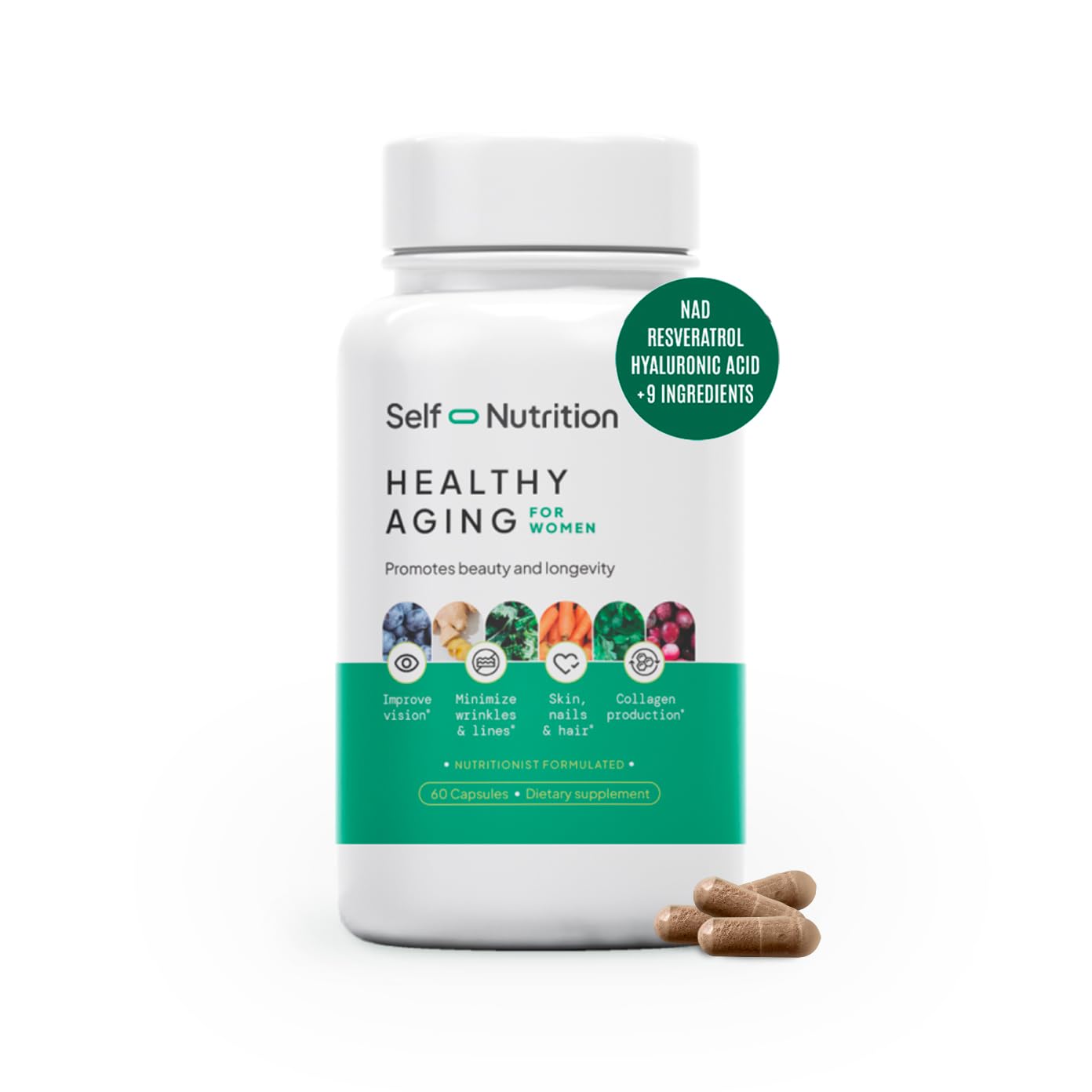 SELF NUTRITION Healthy Aging Supplement for Women - Resveratrol, NAD, Collagen Booster, Biotin, Hyaluronic Acid & More. Cellular Health, Beauty, Longevity - USA, Vegan, 60 Capsules.