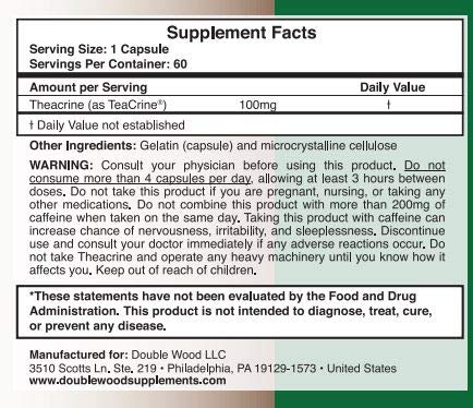 Theacrine (Teacrine) 100 Mg, 60 Capsules - Energy and Focus Supplement (Similar to Caffeine Pills but More Subtle and Longer Lasting) Non-GMO and Gluten Free by Double Wood