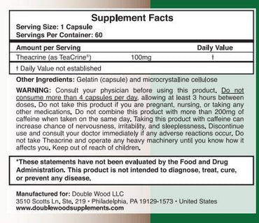 Theacrine (Teacrine) 100 Mg, 60 Capsules - Energy and Focus Supplement (Similar to Caffeine Pills but More Subtle and Longer Lasting) Non-GMO and Gluten Free by Double Wood