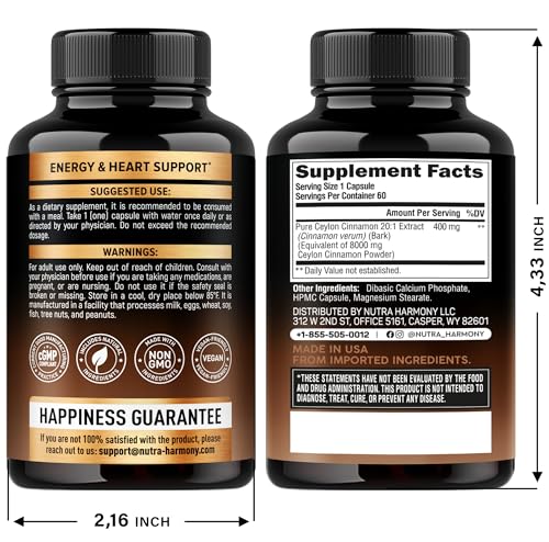 Ceylon Cinnamon Capsules - Extra Strength - Energy, Heart & Metabolism Support - for Men & Women - Pure Natural Extract 20:1 Supplement - Made in USA - GMO & Gluten Free