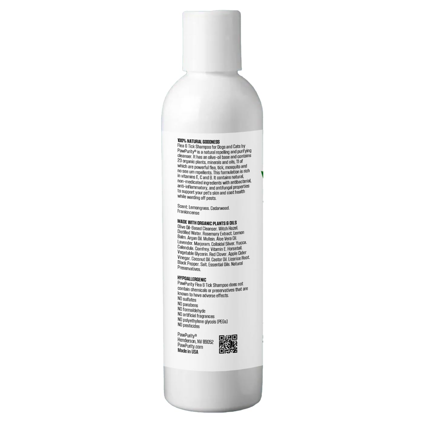 PawPurity Flea/Tick Shampoo, Natural Plant & Mineral-Based Ingredients Only, Improves Dog & Cat Skin & Coat Health, Honeysuckle-Citrus Scent, Eco Friendly Product & Packaging Made in USA (8OZ)