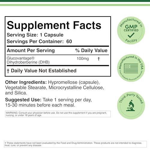Dihydroberberine Supplement 100mg, 60 Capsules (Patented GlucoVantage Super Berberine, May be 5X More Effective Than Berberine with Less Side Effects) Third Party Tested, Vegan Safe by Double Wood