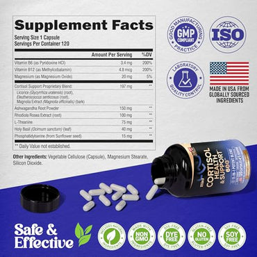 Cortisol Supplement for Women - Natural Based Hormone Balance - Ashwagandha | Rhodiola | Holy Basil | L-Theanine - Mood, Focus & Sleep Support - Made in USA - Vegan, Non-GMO - 120 Capsules for 4 Month