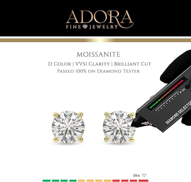 14K Solid White Gold Lab Grown Moissanite Round Cut Solitaire Stud Earrings | 6.5mm | 2.0 CTW | Push Back Posts | Made in USA | By Adora Fine Jewelry