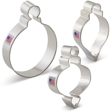 Christmas Ornaments Cookie Cutters 3-Pc Set Made in USA by Ann Clark, Teardrop Bauble, Finial, and Round Ornaments