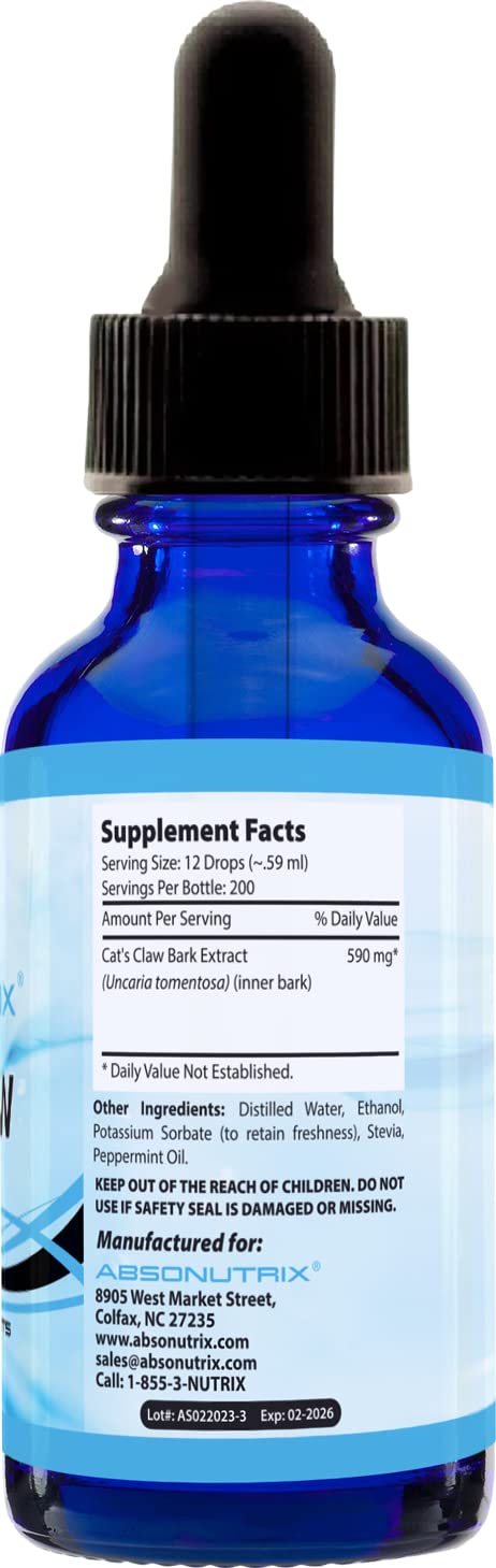Absonutrix Cats Claw 590mg, 4 Oz Liquid Bottle, 200 Servings, High Bioavailability, Boosts Immunity, Helps Detoxify The Body, Non-GMO, Third-Party Tested, Immune & Joint Support, Made in USA