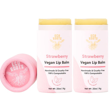 Strawberry Scented Lip Balm 2 Pack - Vegan and Organic Lip Moisturizer - Cruelty-Free, Eco-Friendly - Made in USA with Compostable Packaging - Artfully Crafted Lip Balm Set