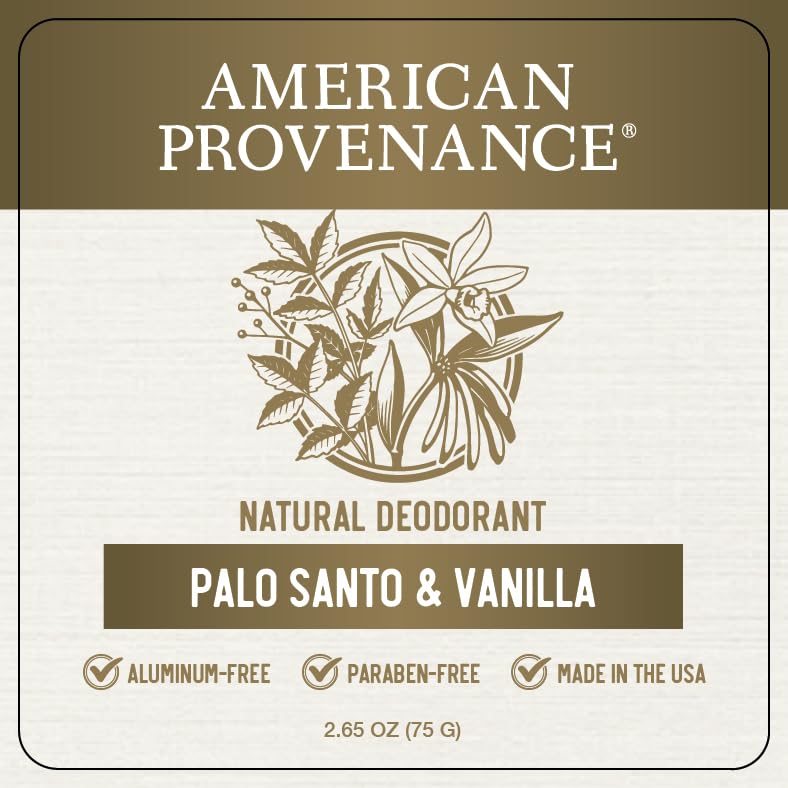 American Provenance Aluminum Free Natural Deodorant For Women and Men - Palo Santo and Vanilla - 24 Hour Odor Protection Cruelty Free - Made in the USA (1 pack)