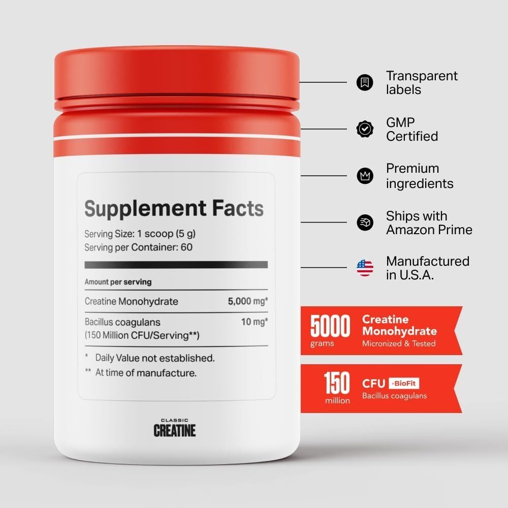 5000mg Micronized Creatine Monohydrate Powder + BioFit™ (Max Absorption) - Supports Muscle Growth, Strength, Endurance, Focus, Brain, Performance & Recovery - USA Made - Men & Women - 60 Servings