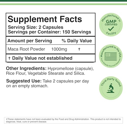 Maca Root Capsules for Women and Men, 300 Count (1,000mg of Black, Red, Yellow Maca Powder per Serving) Grown in Peru (for Energy, Performance, Motivation) by Double Wood