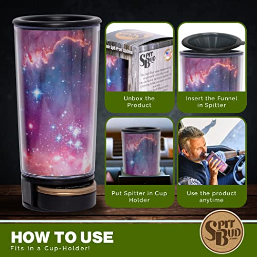 Galaxy by Spit Bud - The Ultimate Spittoon for Chew - Portable Dip & Snuff Cup with Lid, Pop Tab, Spill-Proof Funnel, Can Cutter & Holder - Fit in Cup Holders - Holds 8oz - Made in USA