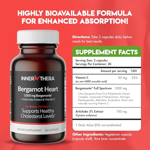INNERTHERA Bergamot Heart - Certified Italian Bergamonte Citrus Bergamot - Cardiologist Developed & Clinically Proven - 1000mg + Highest Polyphenols - Supplement for High Cholesterol & Heart Health