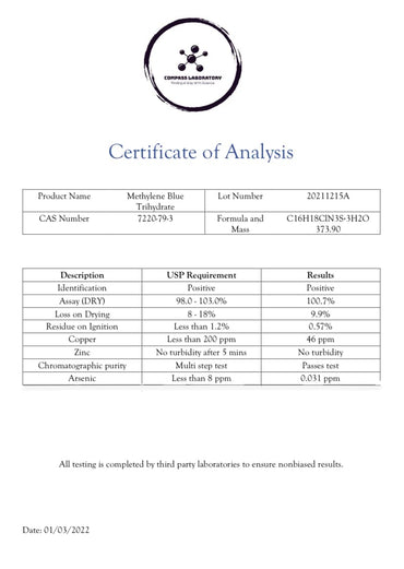 COMPASS LABORATORY Methylene Blue Pharmaceutical Grade, USP Grade, Third-Party Tested Brain Health Dietary Supplement for Humans, No Formaldehyde, Made in USA (1% 50ml Bottle)
