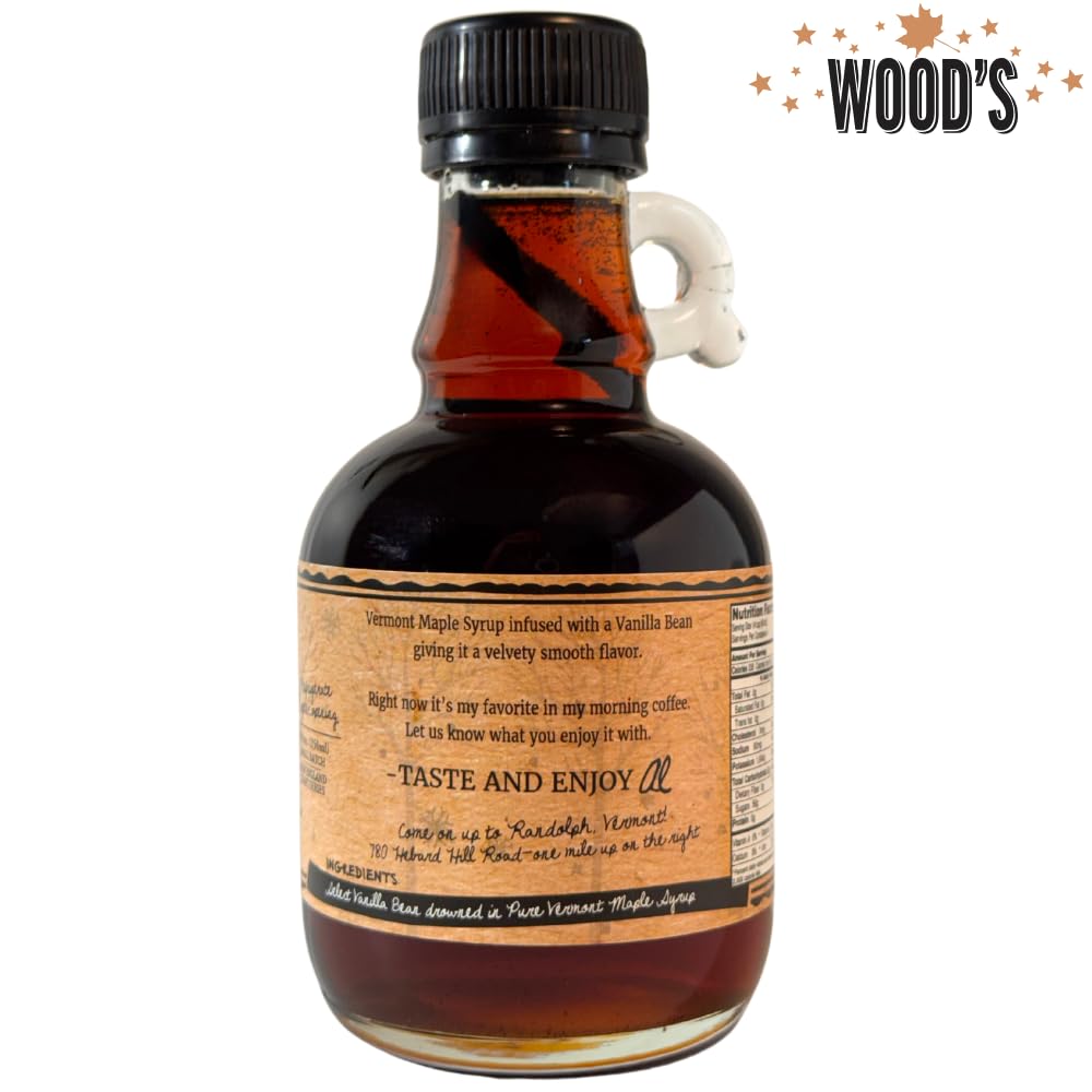 WOOD'S Vanilla Beaned Maple Syrup – Infused Vermont Maple Syrup with Real Vanilla Bean Pod | Smooth, Rich, All-Natural & Vegan Sweetener | Perfect for Breakfast, Baking, Seafood, Popcorn & More | 8.45 Fl Oz (250mL)